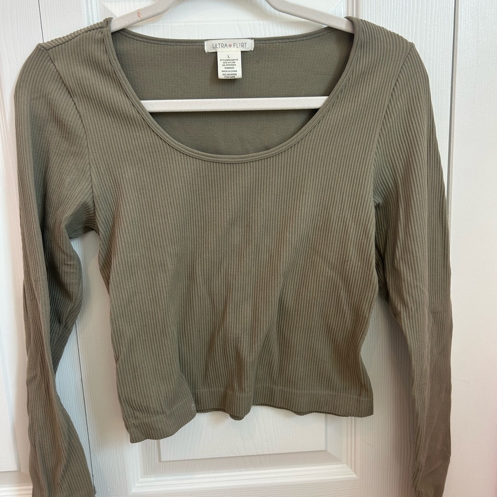Ultra Flirt Green Fitted Crop Long Sleeve Blouse